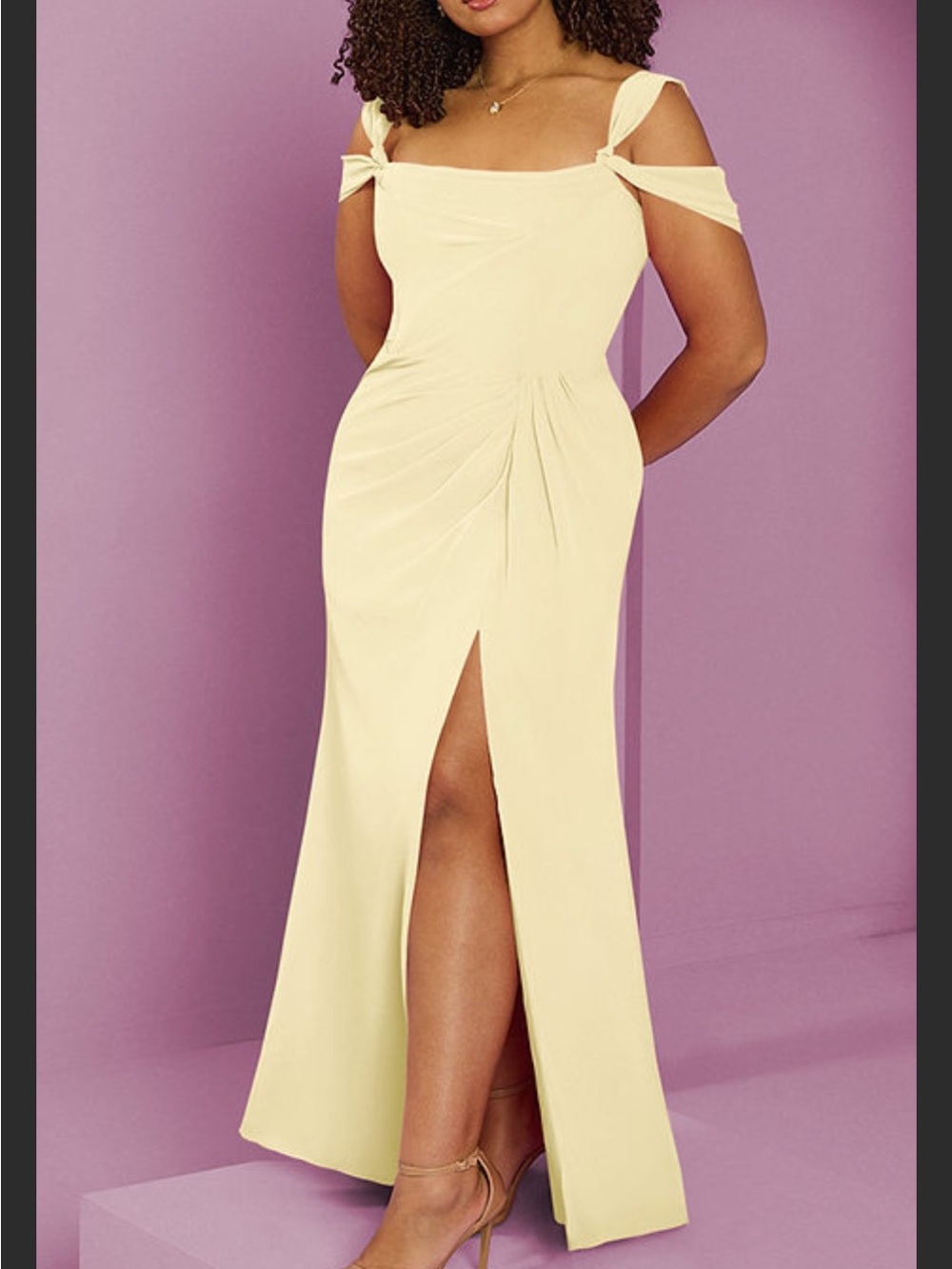 Azazie Cream Off-Shoulder Maxi Dress with Front Slit